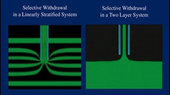 Left figure shows a laboratory experiment of selective withdrawal from a linearly stratified water column and the right picture is withdraw for two layer water column.