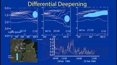 The wind is rarely uniform over the whole lake surface. In places where the wind is stronger the mixing is more intense and therefore the cold water underneath comes closer to the surface. This generates a horizontal density gradient which in turn drives a convective gravitational motion, most important for many lakes. This mechanism is called differential deepening. Example above is from Welligton Reservoir WA.