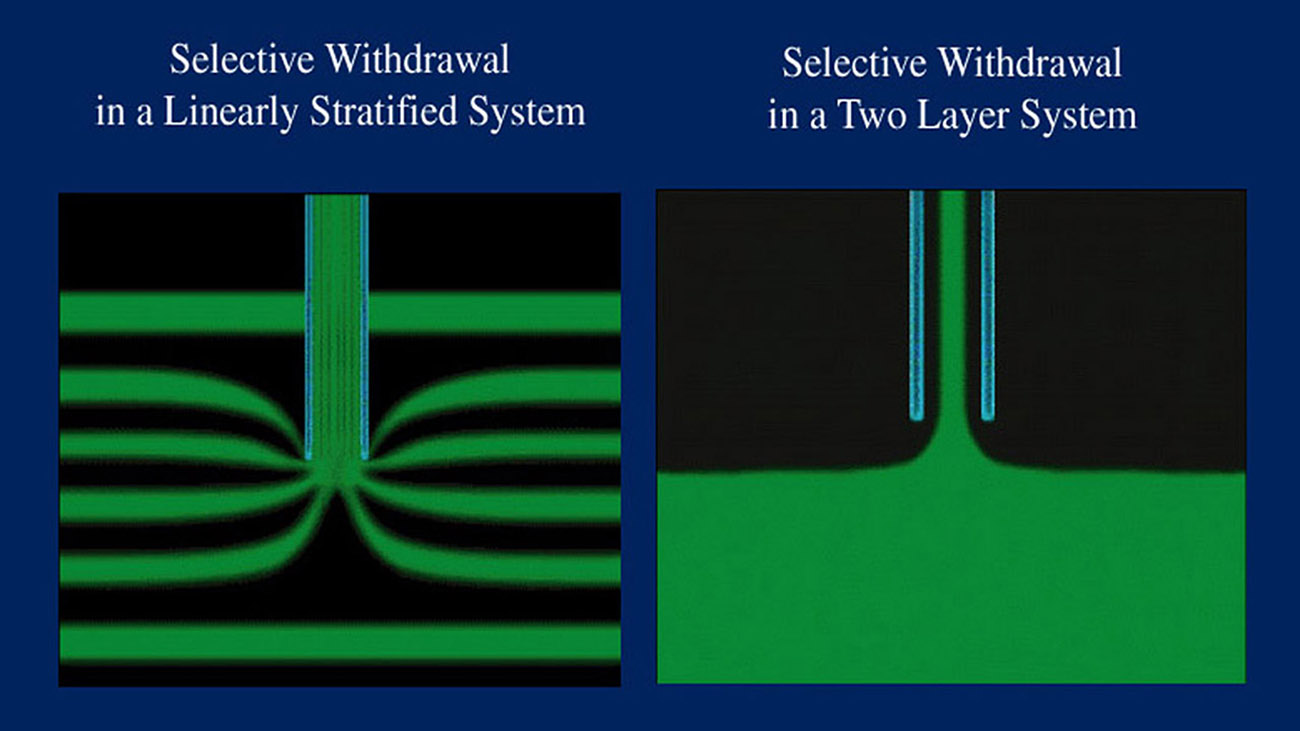 Selective withdrawal is the counterpart to inflow. The above figures illustrate 2 extreme cases, of a linearly stratified fluid and a two layer fluid, both cases have been extensively studied in both theoretically and in the laboratory. Field validation has not been very satisfactorily, but there is no reason to suspect the current theory.