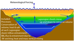 The first model we ever built was a vertically one dimensional model called DYRESM. One way to overcome the large numerical  diffusion observed when using publicly available oceanographic models was to construct a model with a Lagrangian architecture, where the grid cells are allowed to move vertically up and down without any adjustments to their characteristics. This has two effects. First, it eliminates the time needed to carry out lengthy calculations, making it possible to run simulations on a laptop in a matter of hours for global warming time scales. Second, cells retain their identity and numerical diffusion can be controlled making these models ideal for deep lake simulations where the horizontal structure is not an issue. Parametric representation of the processes shown in the above diagram, are included the model.