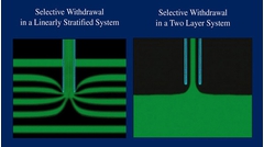 Selective withdrawal is the counterpart to inflow. The above figures illustrate 2 extreme cases, of a linearly stratified fluid and a two layer fluid, both cases have been extensively studied in both theoretically and in the laboratory. Field validation has not been very satisfactorily, but there is no reason to suspect the current theory.